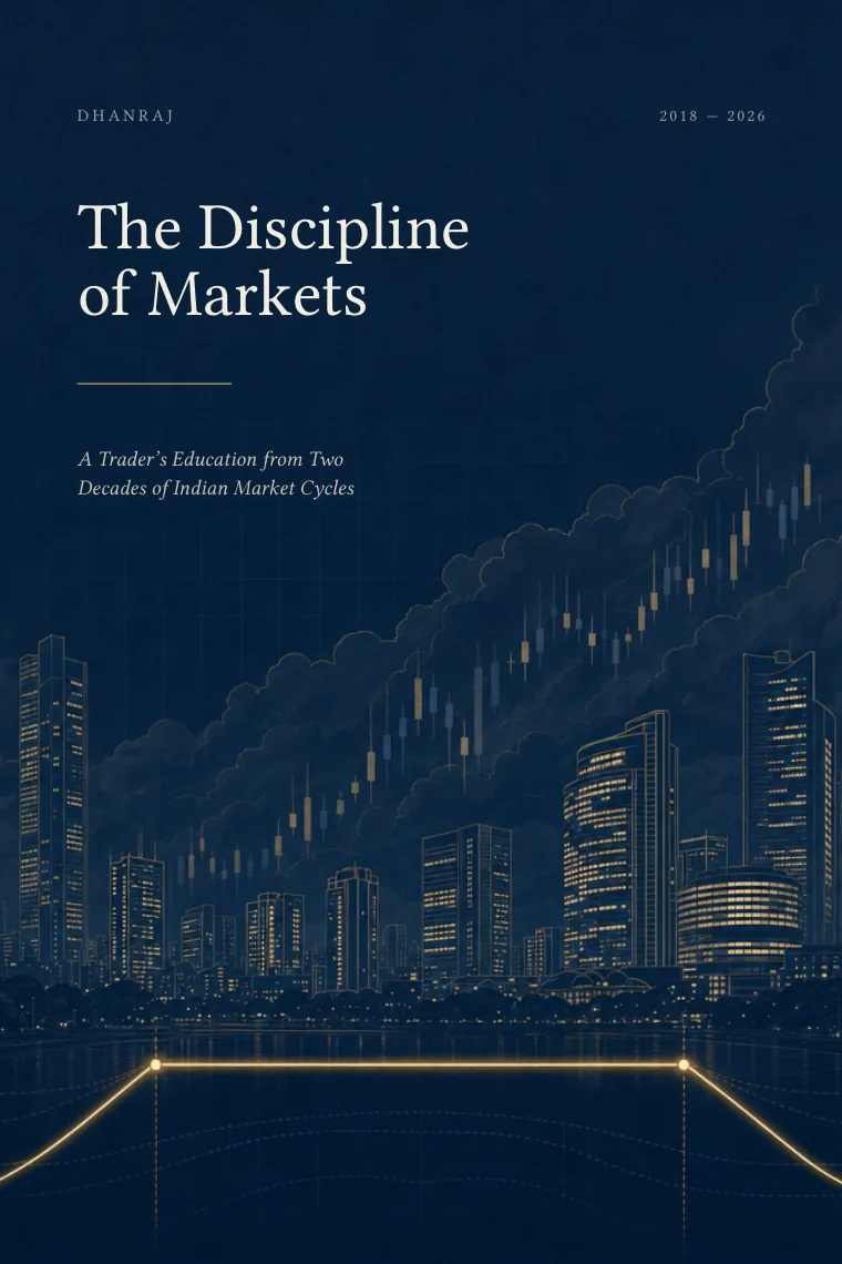 Front cover of The Discipline of Markets: a night city skyline in deep blue, a golden candlestick chart rising through the clouds above it.